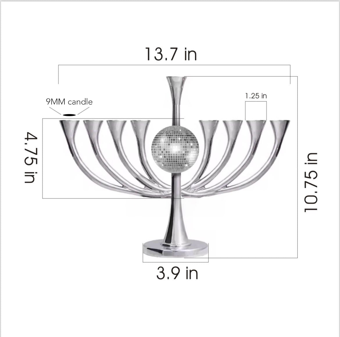 Dimensions of the Happy Jew Year disco ball menorah - great for new years eve!