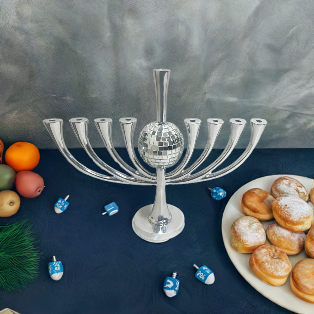 Happy Jew Year Spinning Discoball menorah on a hanukkah table